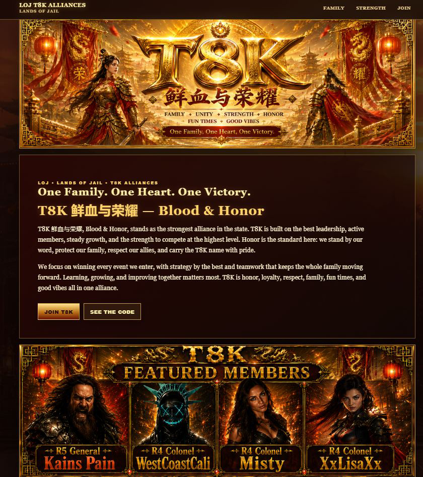 T8K Blood and Honor Lands of Jail alliance page with featured members