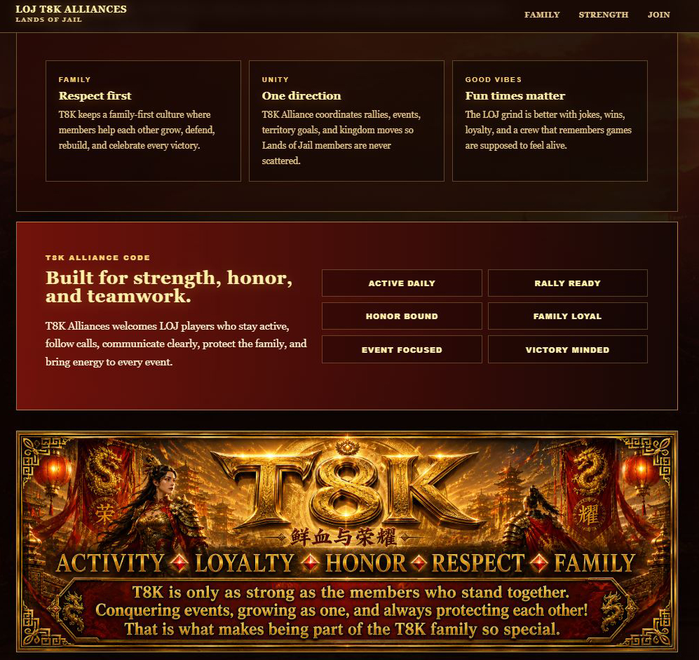 T8K Lands of Jail alliance values and code section