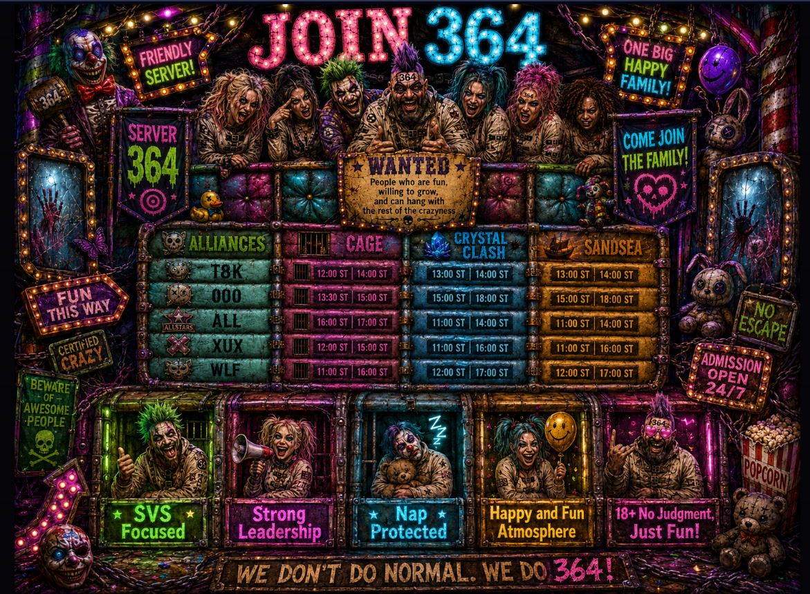 Colorful funhouse State 364 Lands of Jail transfer page with custom neon alliance theme